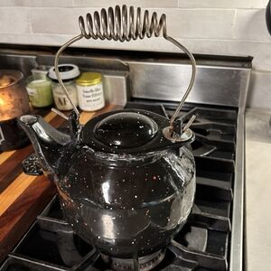 L.L. Bean Speckled Cast Iron Kettle Swivel Lid Wire Handle w/John Wright trivet